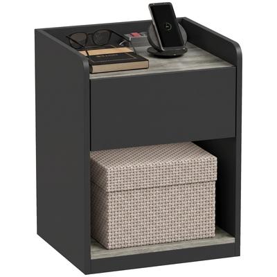 Modern Bedside Table, Slim Nightstand with Drawer, Shelf and Cable Holes, Black and Grey Wood Effect