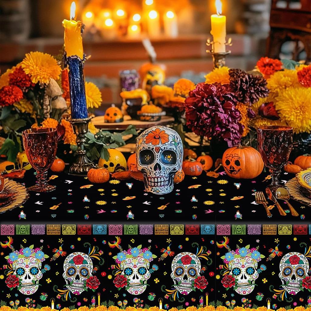 MEHOFOND 3 Pcs Day of The Dead Plastic Tablecloth, Dia De Los Muertos Disposable Table Cover for Halloween, Mexican Skull Floral Fiesta Party