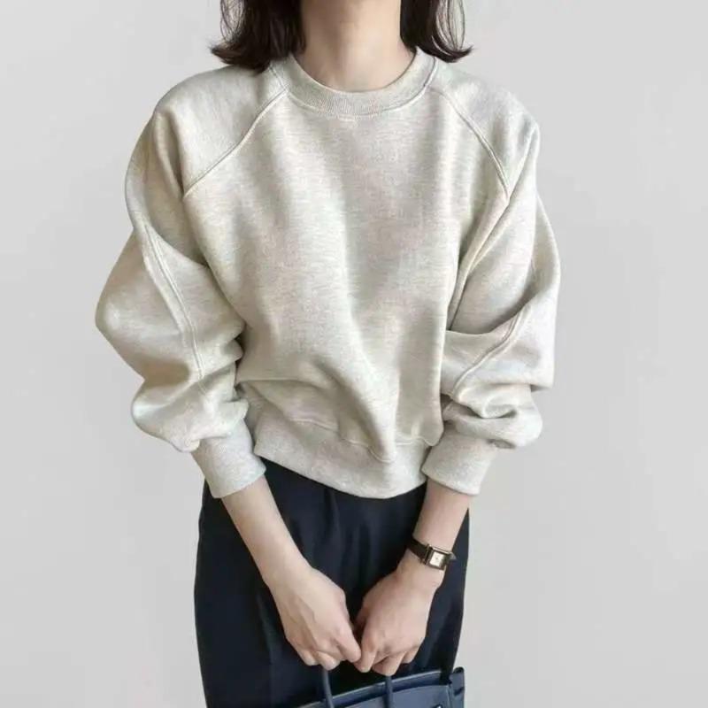 Spring and Autumn New Solid Color Simple Casual and Versatile Thin Long-sleeved Short Sweatshirt Loose Pullover Inner Top