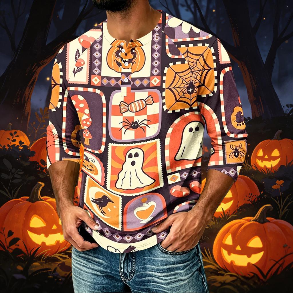 Men's Casual Shirt with Raglan Three-Quarter Sleeves - Halloween Print Top
