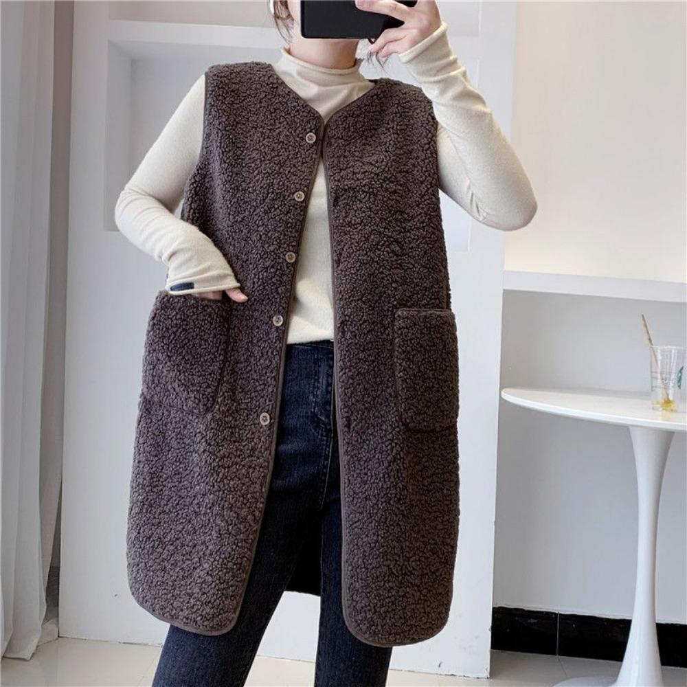 

Spring and Autumn Mid-length Imitation Lamb Wool Ladies Vest Loose Granular Fleece Vest Jacket XXXXL колір темно кави