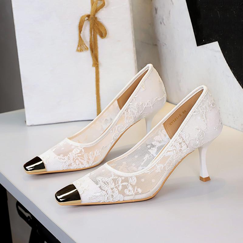 

Fashion Fashion Metal Square toe Lace Air Mesh Women Pumps Elegant Thin High heels Office Lady Shoes Spring Autumn Party Dress Shoes 40 белый