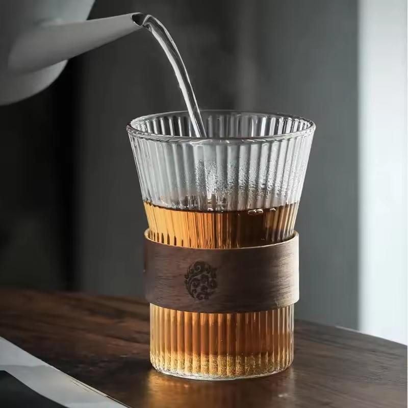 300 ml Glass Iced Coffee Cup, Milk Tea Drinking Mug with Leather Grip for Latte, Cocktail, Juice & Home Decor