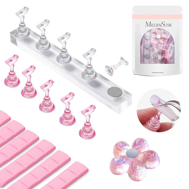 MelodySusie Nail Stand for Press Ons, 2 Sets Aurora Acrylic Magnetic Base for Painting Display Holder with Reusable Adhesive Putty for Home DIY Salon Transparent & flower 2pcs