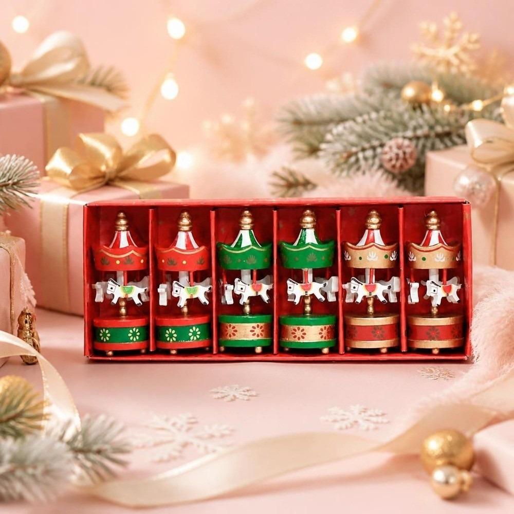6Pcs Wooden Christmas Carousel Ornament DIY Crafts New Year Carousel Hanging Decor Exquisite Colorful Christmas Tree Decor