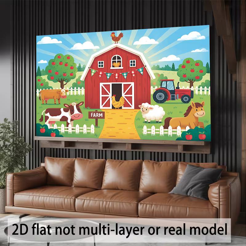 2D Cute Cartoon Farm Backdrop with Red Barn, Animals & Tractor