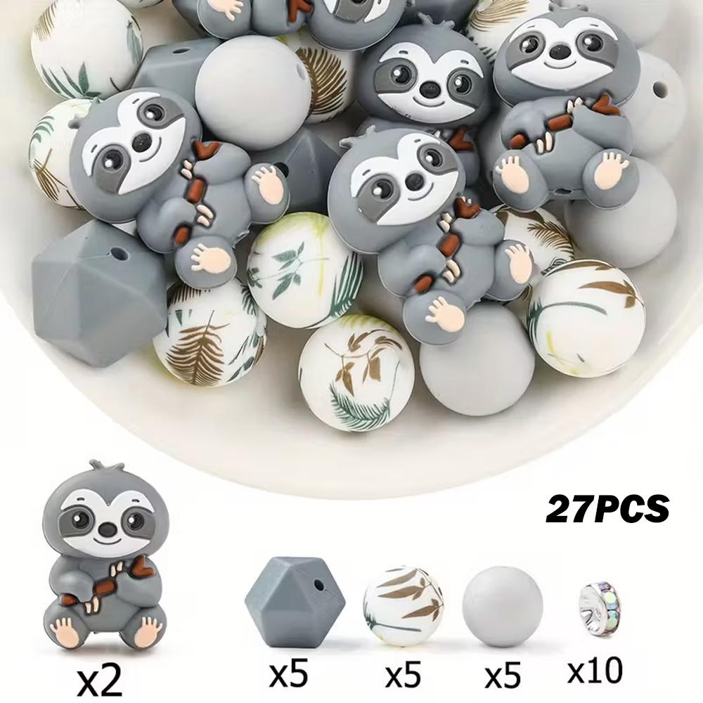 

27PCS 4-color cute sloth silicone bead set, perfect for DIY handmade crafts such as keychains, necklaces, bracelets, etc