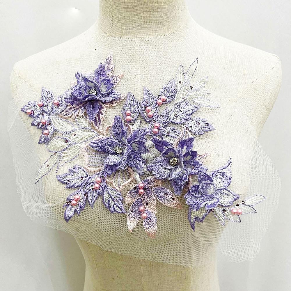 Sequins Flower 3D Embroidery Patches Handmade Lace Fabrics Applique Embroidered Floral Patches