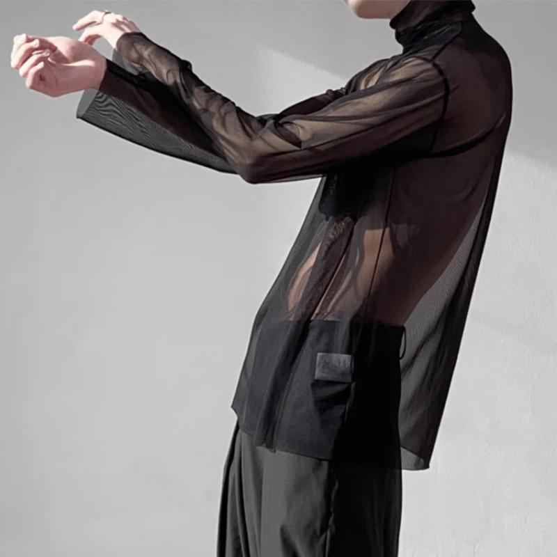 Men Mesh Sheer Turtleneck Casual T-Shirts Nightclub Long Sleeve Base Shirts Mens Undershirt Transparent Tops Club Streetwear