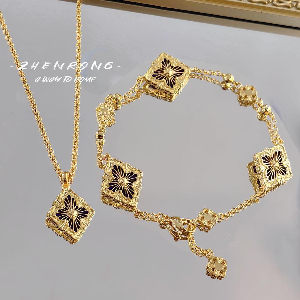 Vintage Italian Brushed Royal Purple Chalcedony Set Four Leaf Clover Bracelet Pink Rose Necklace Women Jewelry