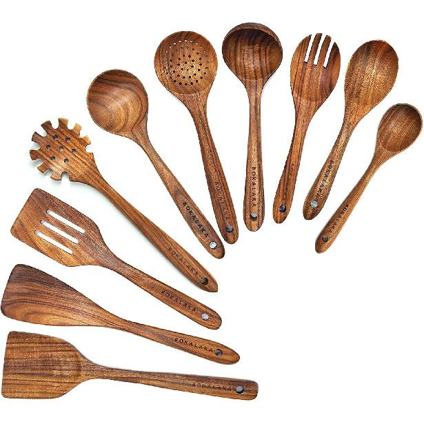 Wooden Spoons for Cooking,10 Pcs Natural Teak Wooden Kitchen Utensils Set Wooden Utensils for Cooking Wooden Cooking Utensils Wooden Spatulas for