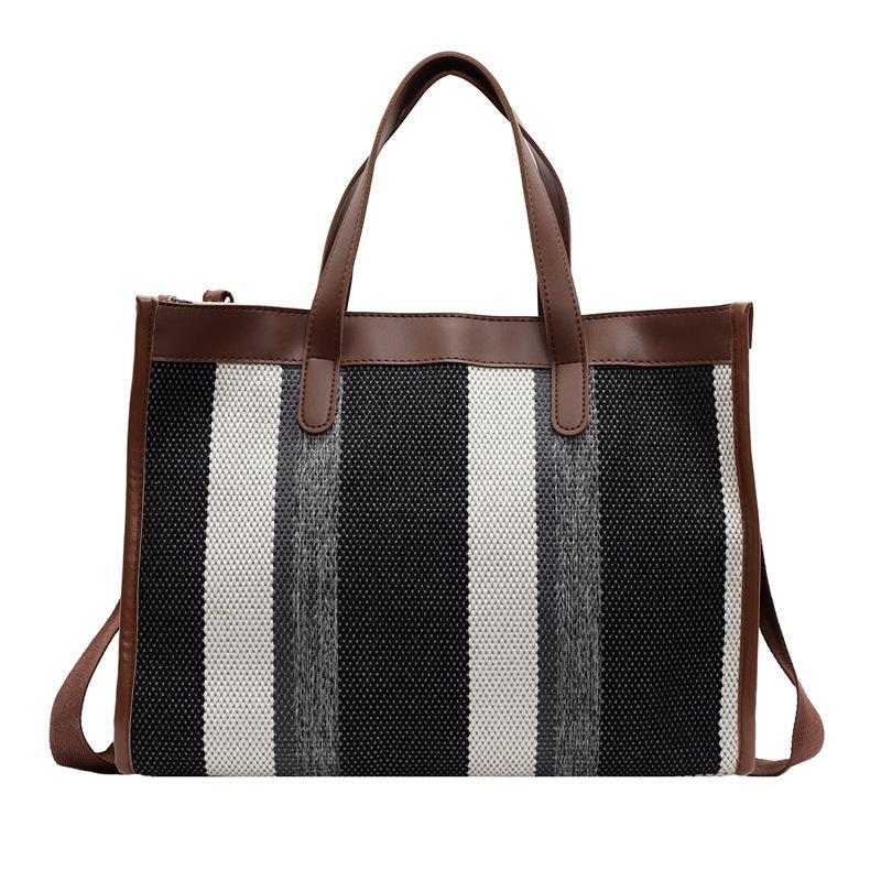 Large Capacity Canvas Bag Hand Carrying Student Class Crossbody Bag Striped Contrast Tote Bag