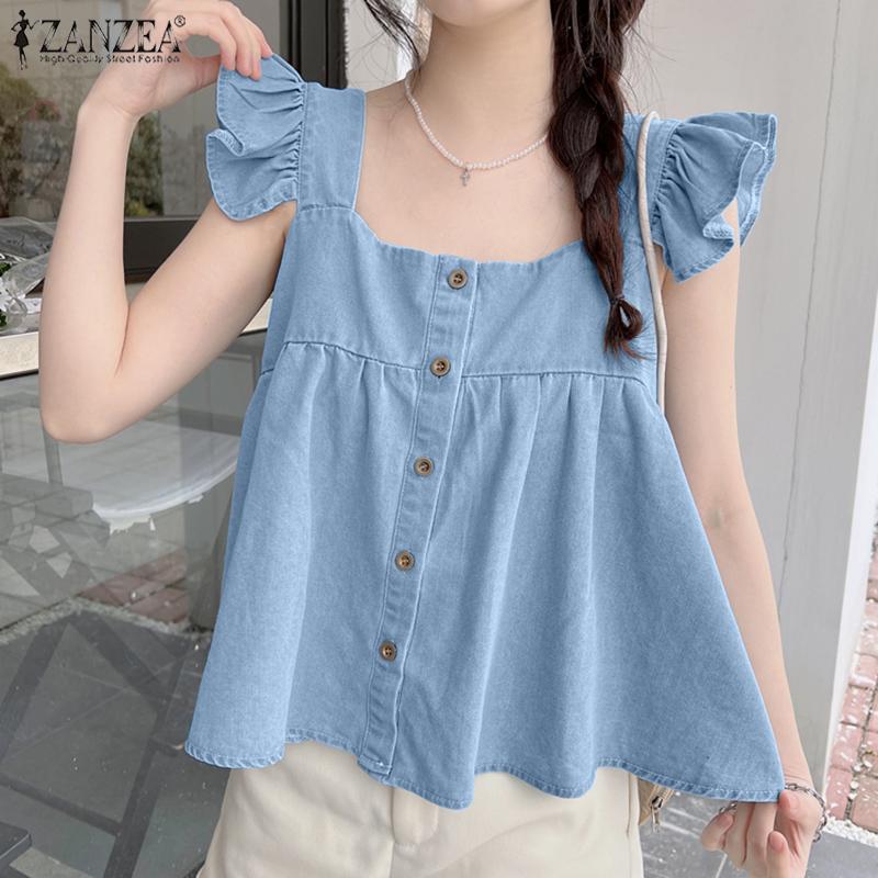 

ZANZEA женский летний плиссированный однотонный свободный джинсовый жилет без рукавов с квадратным вырезом и грибковым краем