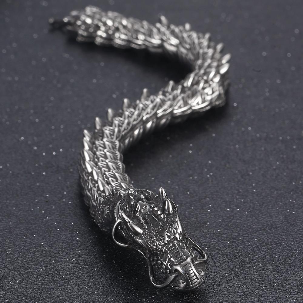 Vintage Animal Jewelry Dragon Body Chain Bracelet Men Solid Stainless Steel Men's Bracelets with Green Eyes Wrist Accessories