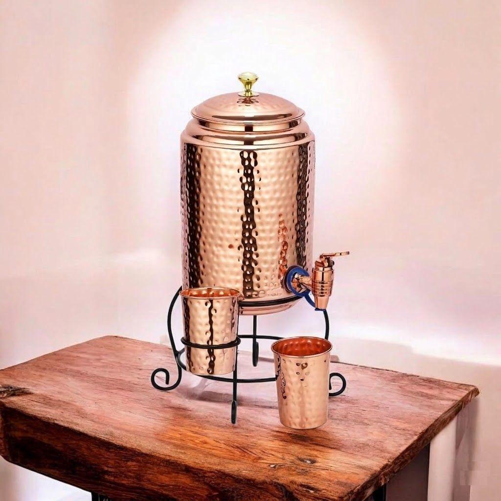 Copper Water Dispenser Set, 5 Litres, with Stand, 2 Glasses and ABS Tap, HaMmered Design (HaMmered Natura)