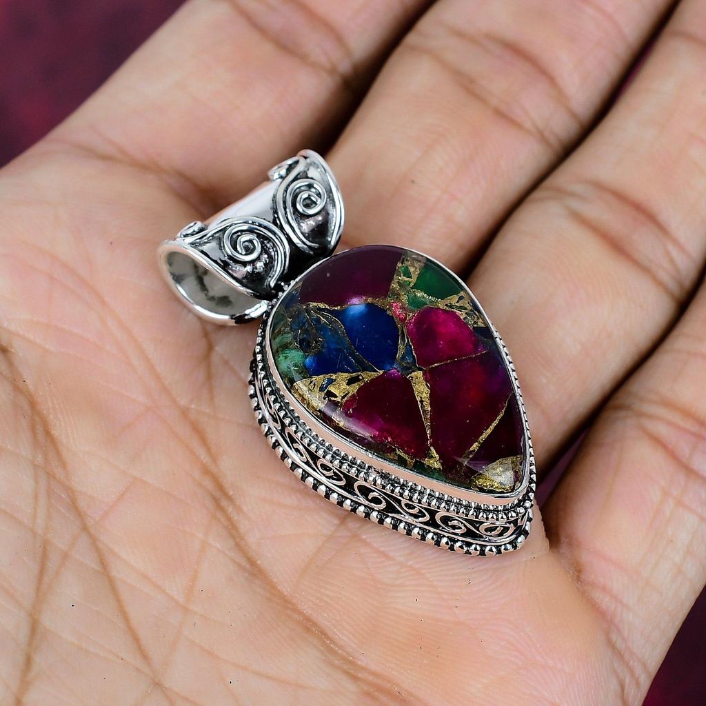 Multi Copper Turquoise Handmade Gemstone Pendant, 925 Solid Sterling Silver Pendant Bohemian Jewelry