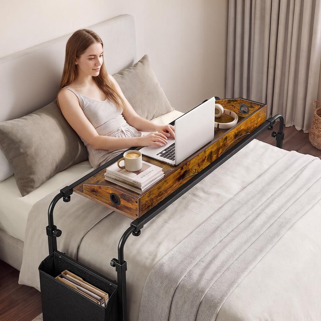 VEVOR Overbed Table 1060 x 360 mm Mobile Over Bed Desk with Swivel Wheels, for Bedroom Living Room Home Office, Adjustable Height & Length