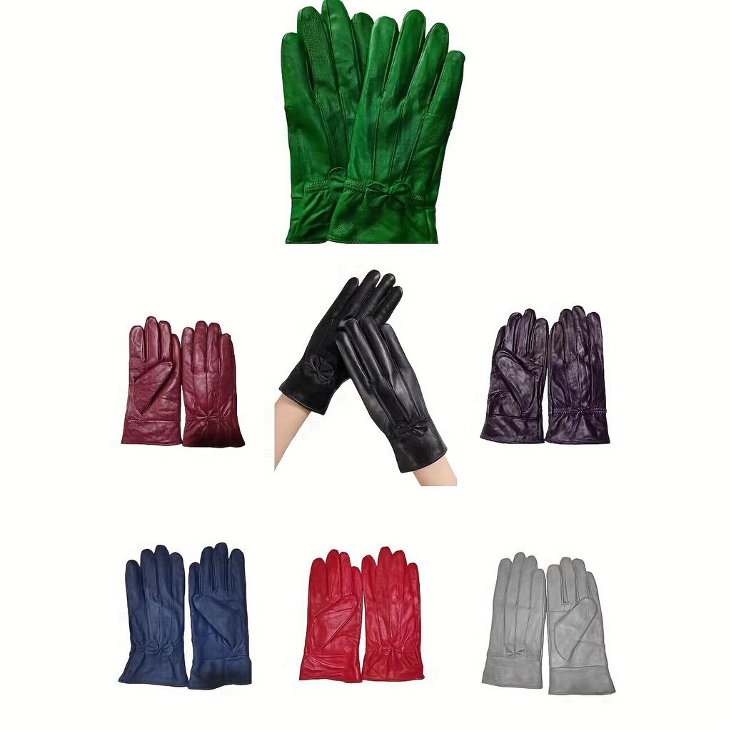 Damen Echtlederhandschuhe mit Schleifendetail - Elegante Rote, Marineblaue & Schwarze Reithandschuhe, Vollfingerwärme zum Autofahren & für Outdoor-Aktivitäten