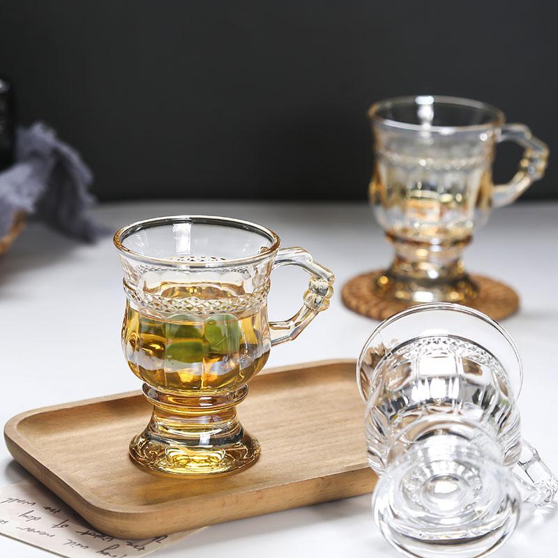 Vintage Embossed Glass Cup Good-looking Girly Heart Water Cups High-Legged Latte Coffee Mug with Handle Afternoon Tea Shot