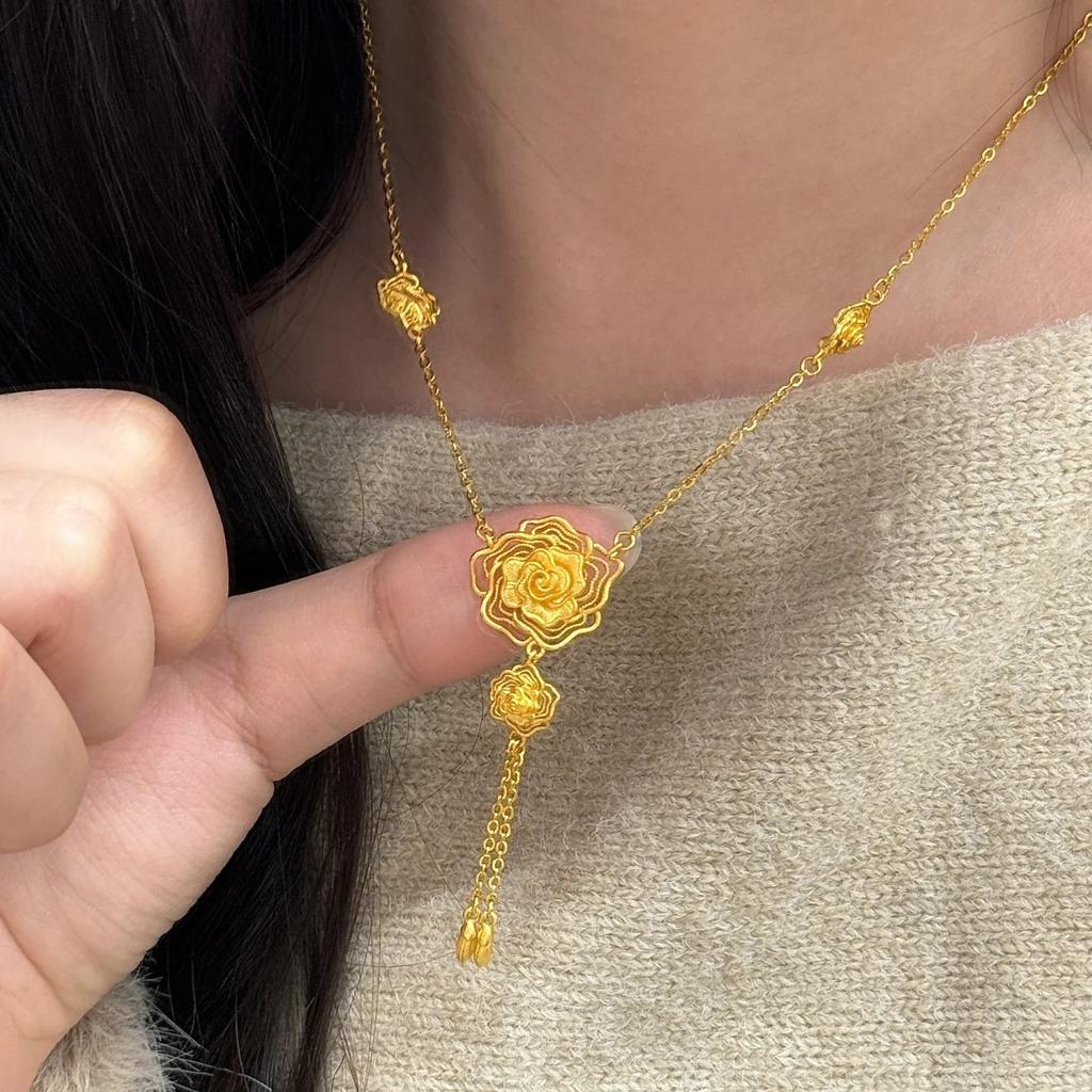 שרשרת תליון ורד מלופף מזהב טהור 24K 9999 יוקרתי לנשים