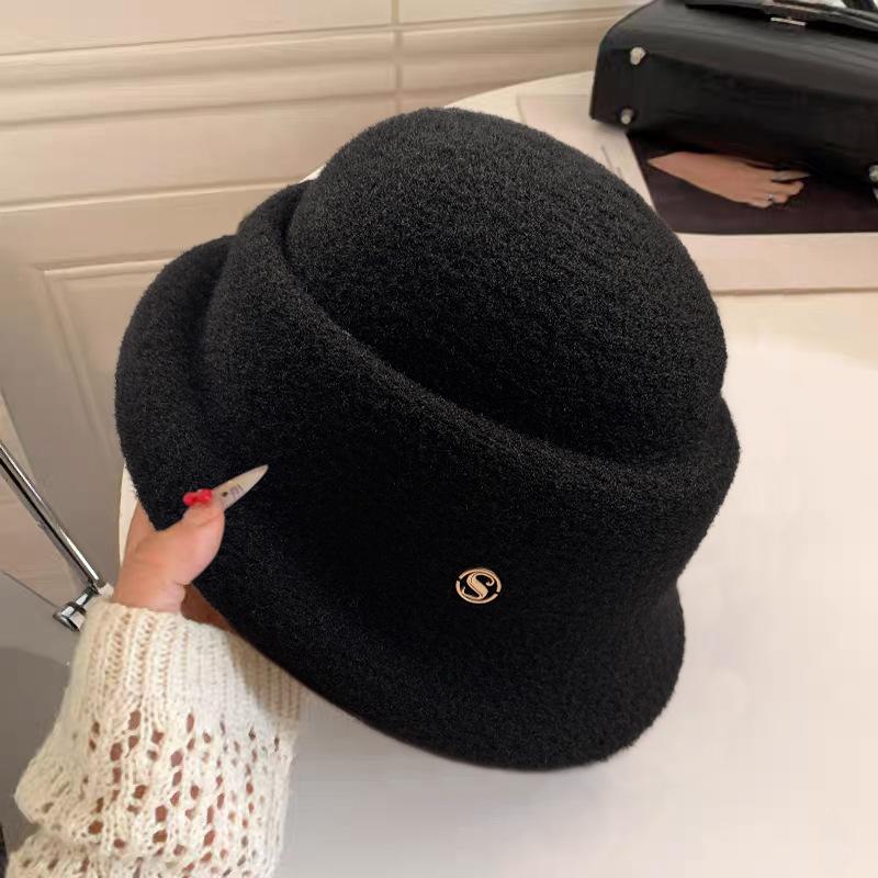 Chapeau Haut de Forme Noir Style Hepburn Français, Chapeau Pêcheur Haut de Gamme Automne Hiver, Petit Visage, Chapeau Bob Tricoté Chaud