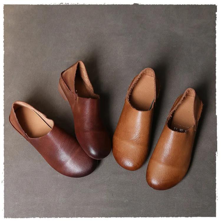 Johnature Genuine Leather Loafers Round Toe Soft Soled Versatile Soft Cowhide Women's Low Heeled Leisure Shoes