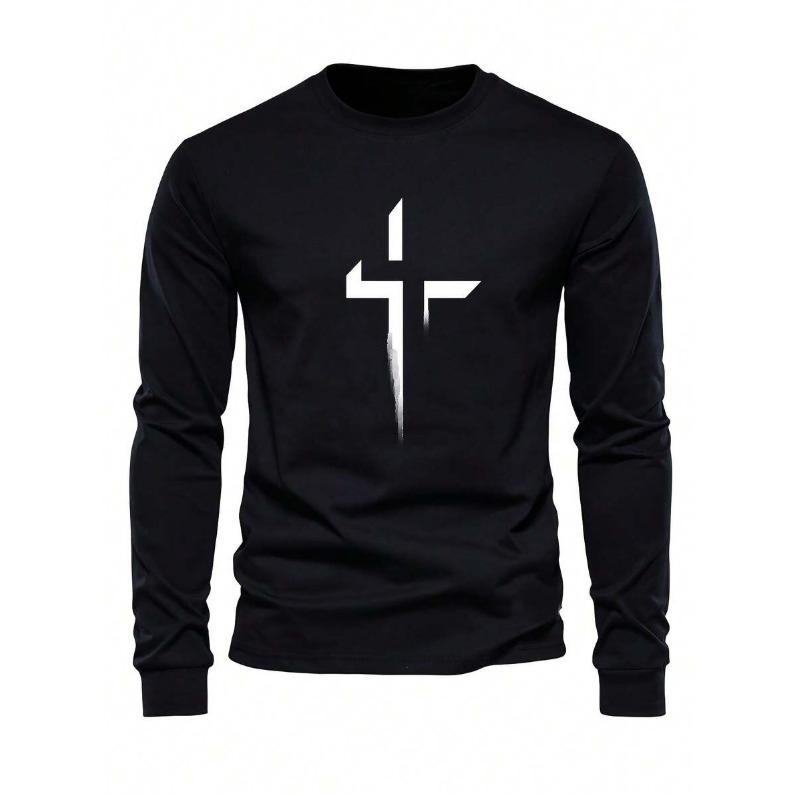 Mens Black Long Sleeve Crew Neck T-Shirt With Cross Print Casual Top
