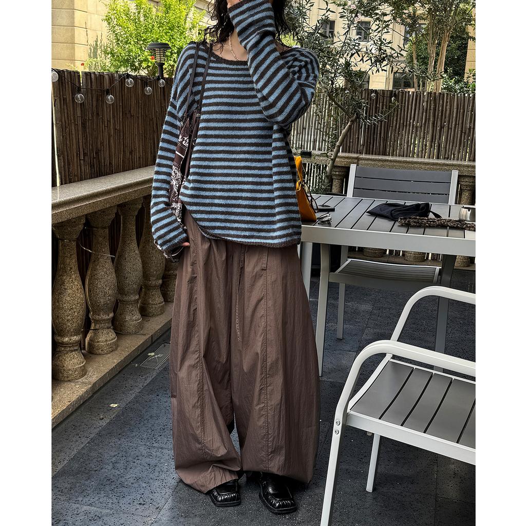Japanese Style Relaxed And Elastic Waistband With Curved Waistband Casual Pants, Loose Silhouette Pants For Women