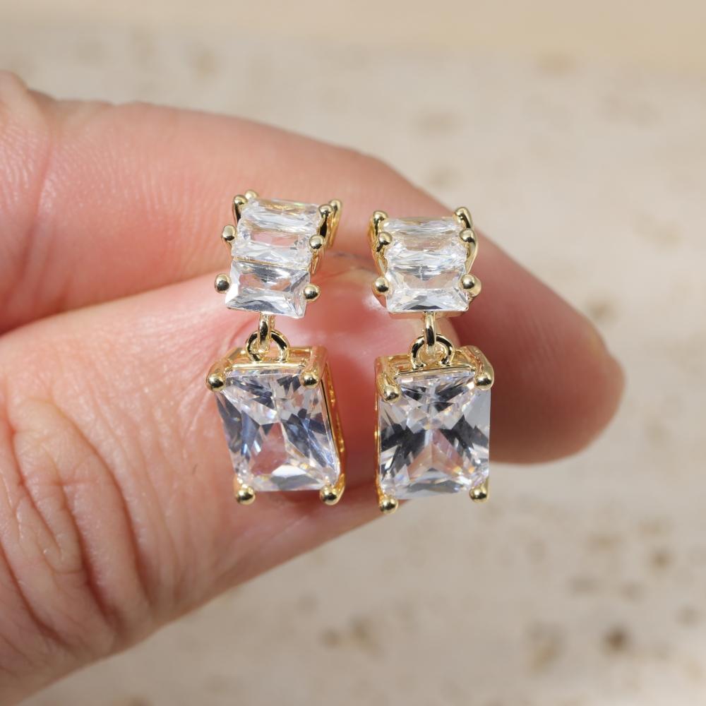 Golden Plated Copper Earrings with Clear Square Zirconia for Women Jewelry