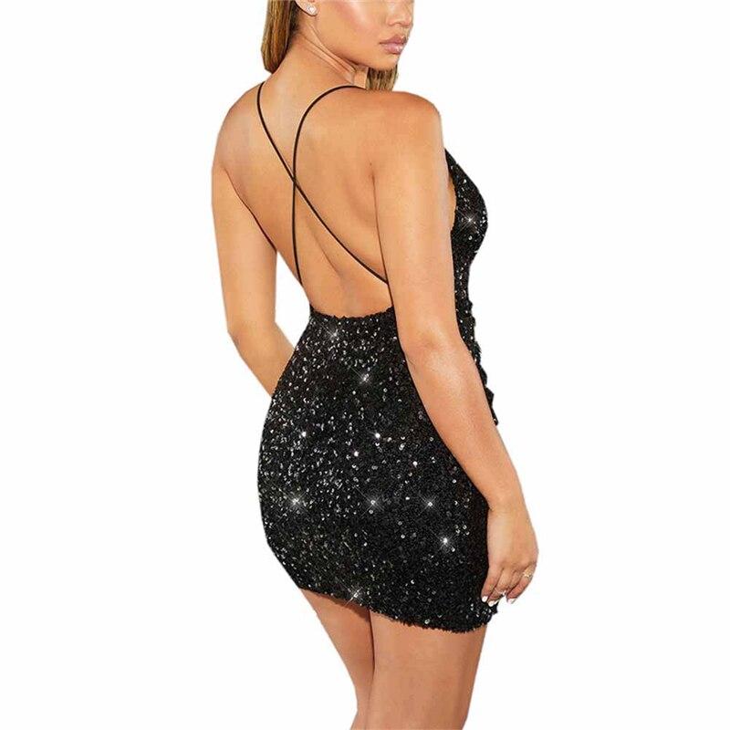 Women's Spaghetti Strap Deep V Neck Sequins Glitter Short Dress Sparkly Bodycon Evening Party Club Wear Dress