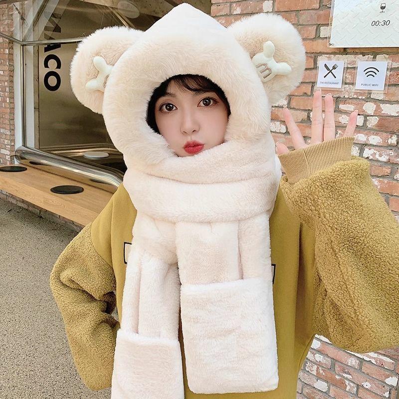 Hat Winter Warm Plush Bear Hat Scarf Gloves Hat Plush Thickened Three-piece Mickey Ear Scarf
