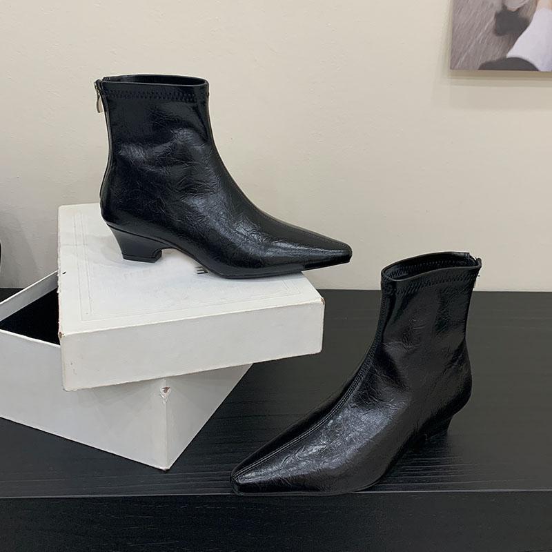 Fashion Silver Female Low Heel Women Ankle Stretch Boots Zippers Fashion Pointed Toe Ladies Modern Short Boots Pumps Shoes Lady