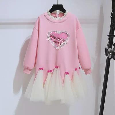 Mädchen Frühlings- & Herbst Schleife Liebe Mesh Pulloverkleid - Prinzessinnenstil