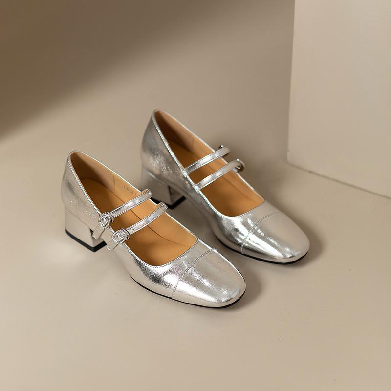 2025 New Women's Shoes Luxury Square Toe Ladies Mary Jane Shoes High Quality Double Buckle High Heel Fashion Women Ballet Shoes