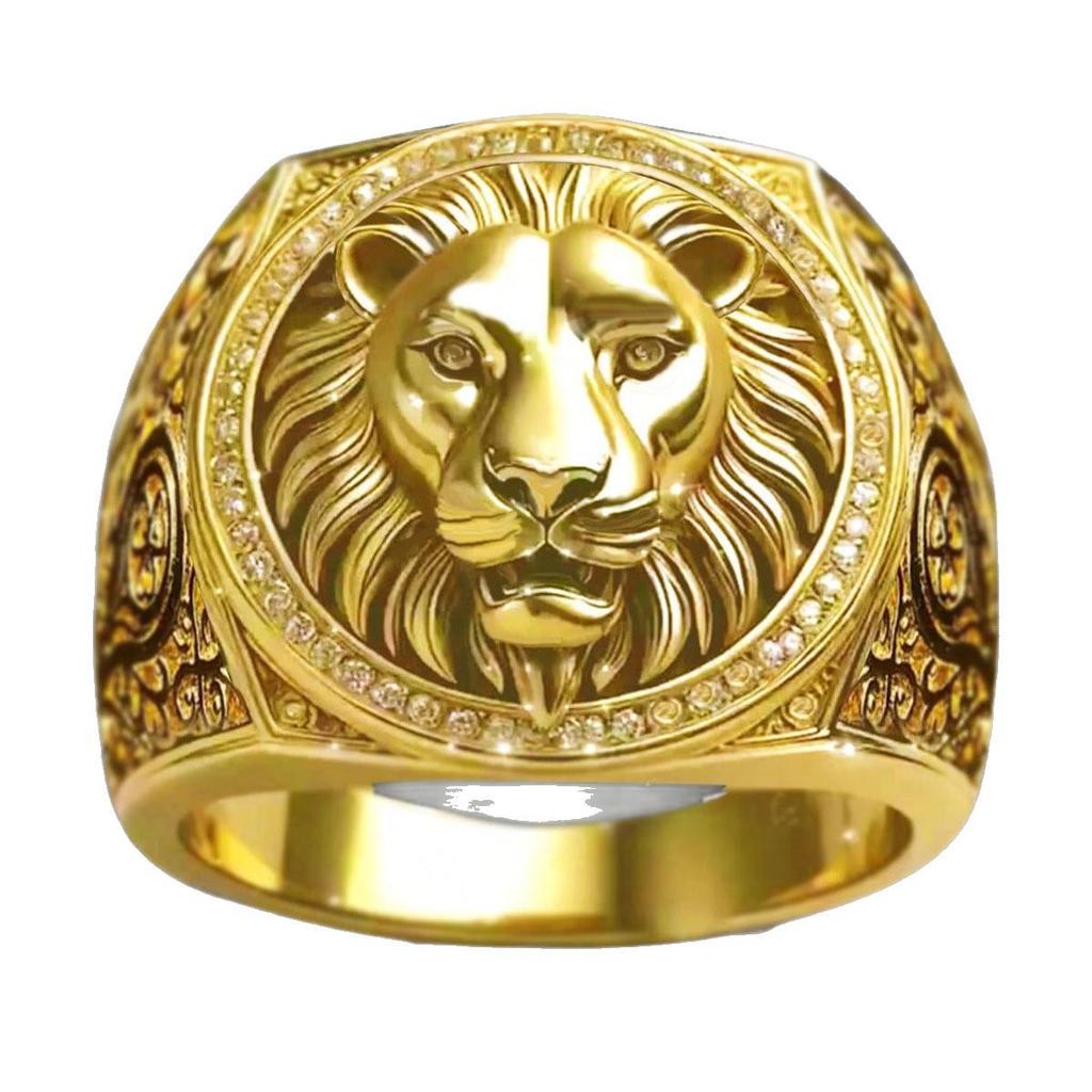 Europäischer & Amerikanischer Luxus Löwe Geschnitzter Vergoldeter Zirkon Herrenring - Hip Hop Stil Accessoire