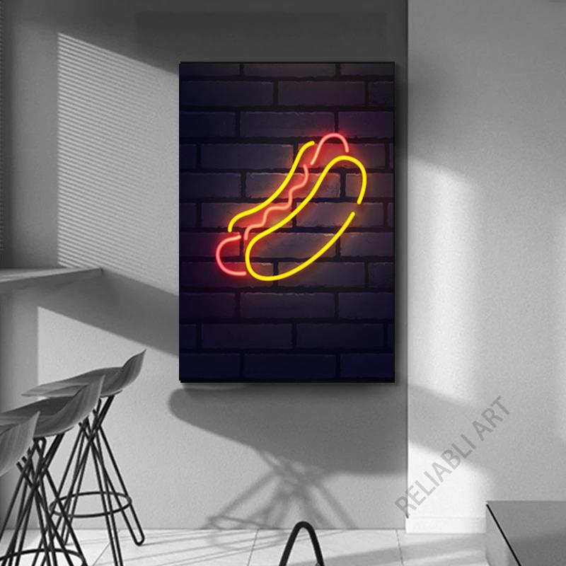 

Красочные неоновые холсты для быстрого питания, картина с картофелем фри, напитки, пицца, гамбургеры, значки, уличные художественные постеры для декора стен столовой 40x50cm No Fram