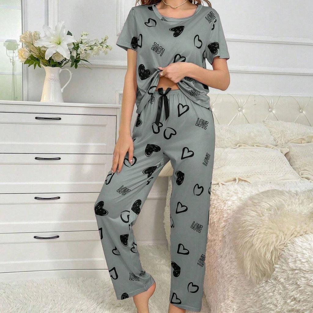 Women's love-themed printed short-sleeved long pants home wear, simple and casual pajamas
