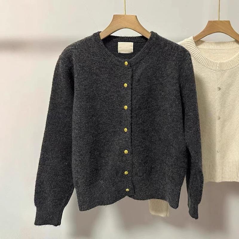 

Dark gray small gold buckle solid color versatile sweater knitted cardigan women s autumn coat top one size fits all темно-сірий