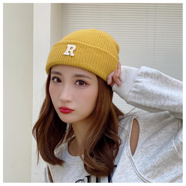 Winter Knitted Hat for Women Warm Pullover Hat P Shaped Bag Head Trendy Face Small Korean Version Wool Hat Men