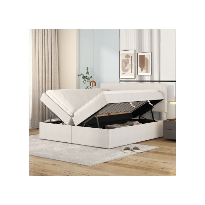 Lit double capitonné - MUVOE - 200x140 cm - Beige - Sommier à lattes - Grand espace de rangement
