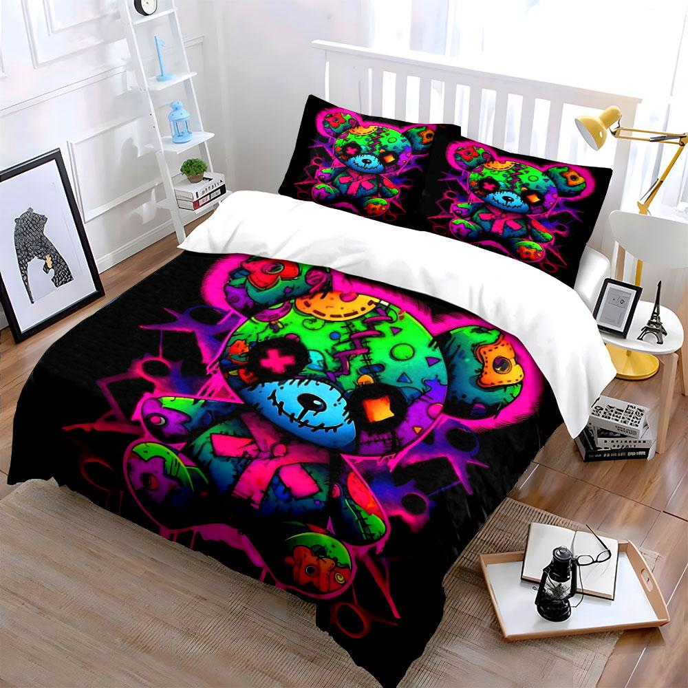 Vibrant Graffiti Teddy Bear Bedding Duvet Cover Set (1*Duvet Cover 2*Pillowcases, Without Duvet Insert)