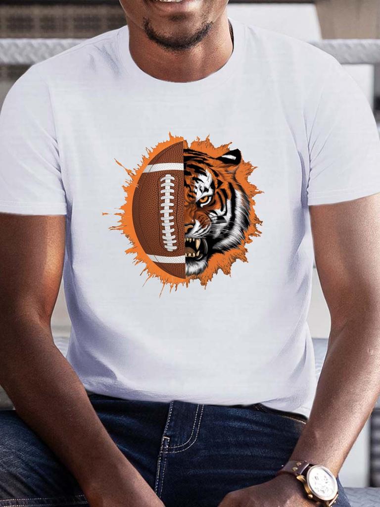 Plus Size Unisexs Crew Neck TShirt with Football Tiger Graphic Polyester Casual Short Sleeve Top for Summer Regular Fit Knit