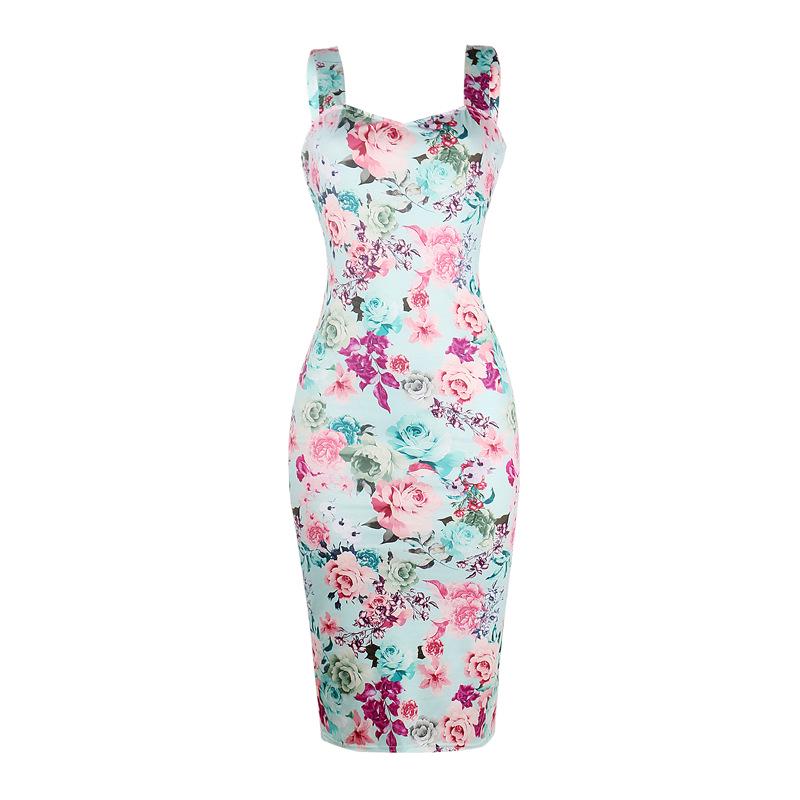In stock, the new hot-selling slim-fitting and thin suspender printed medium and long dress OM