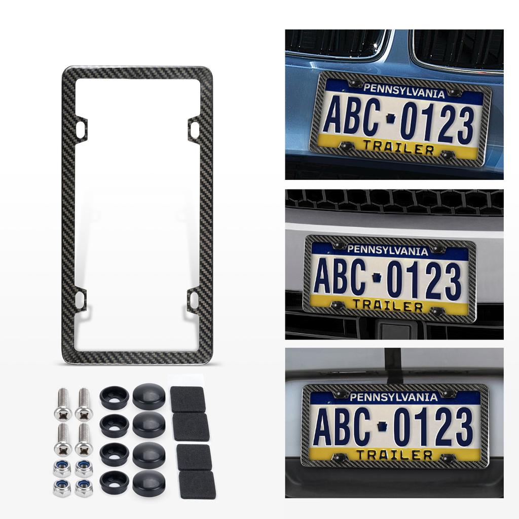 100% Real Black Carbon Fiber License Plate Frame Silm 4 Holes With Screws Caps Complies With US Canadian Mexico Standards License Plate Covers Frames