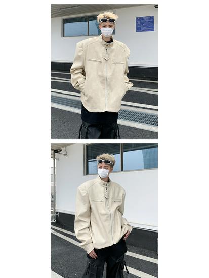 Men's Trendy Stand Collar Leather Jacket - High-End Feel, Loose Fit, Solid Color, Padded, Casual & Versatile