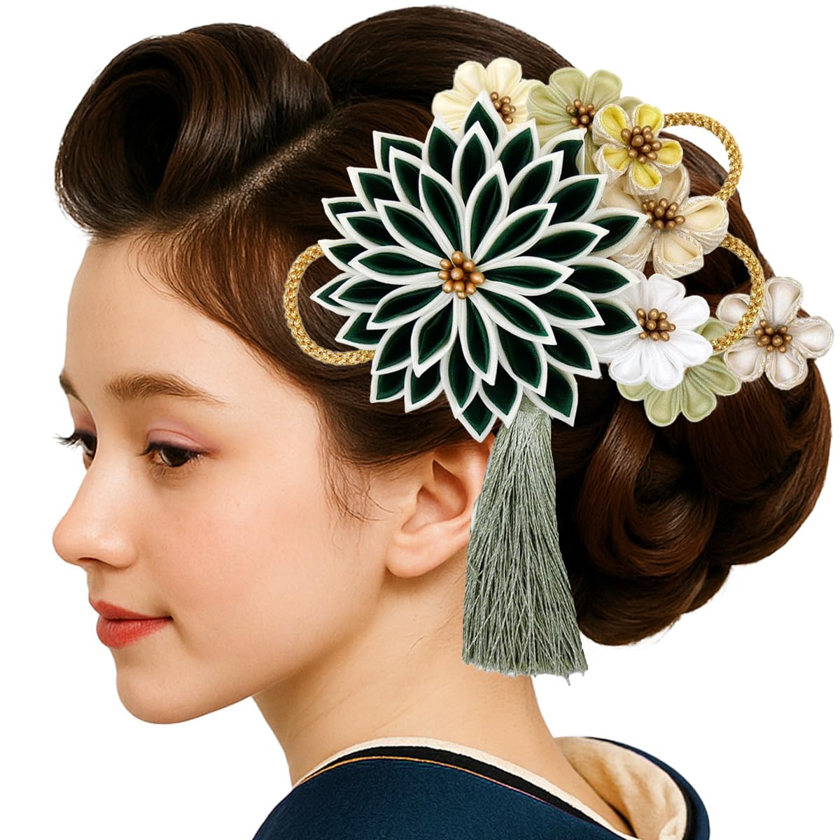 

hair accessory set for and yukata One Size Fits 3-piece furisode, coming-of-age ceremonies, hakama, (Shichi-Go-San). Tsumami-zaiku (red, green, pink) зелёный