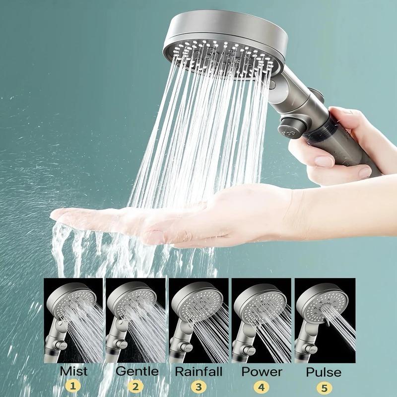 5 Modes High Pressure Shower Head Turbo Shower Handheld Adjustable Water Save Hangable Spray Easy Clean Durable Bathroom