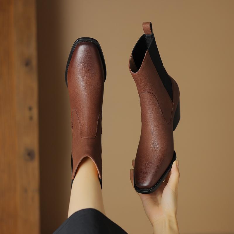 Vintage Women Ankle Boots Autumn Winter New Genuine Leather Elastic Band High-heel Shoes Woman Casual Retro Motorcycle Boots