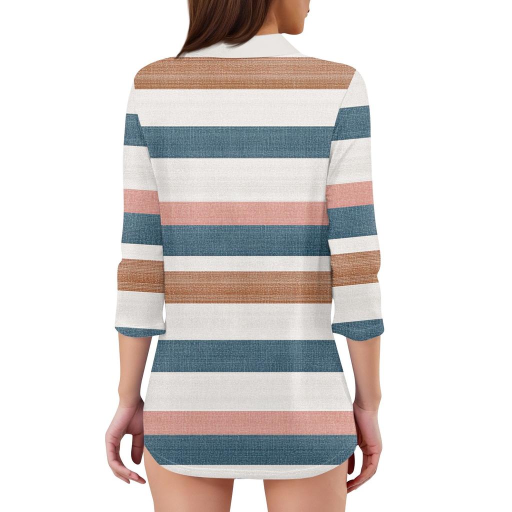 Women's Fashion Casual Lapel 3/4 Sleeve Print Shirt Women's V-Neck Tops