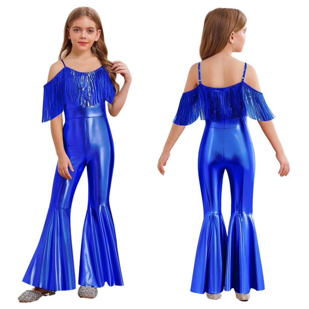 Sparkly Sequins Jumpsuit for Girls Spaghetti Strap Sleeveless with Tassels Flared Pants Pageant Club Outfit